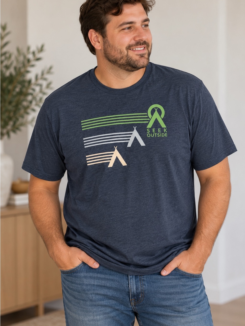 Next Level Apparel Navy Short Sleeve Tee with Green and Cream Accent Graphic